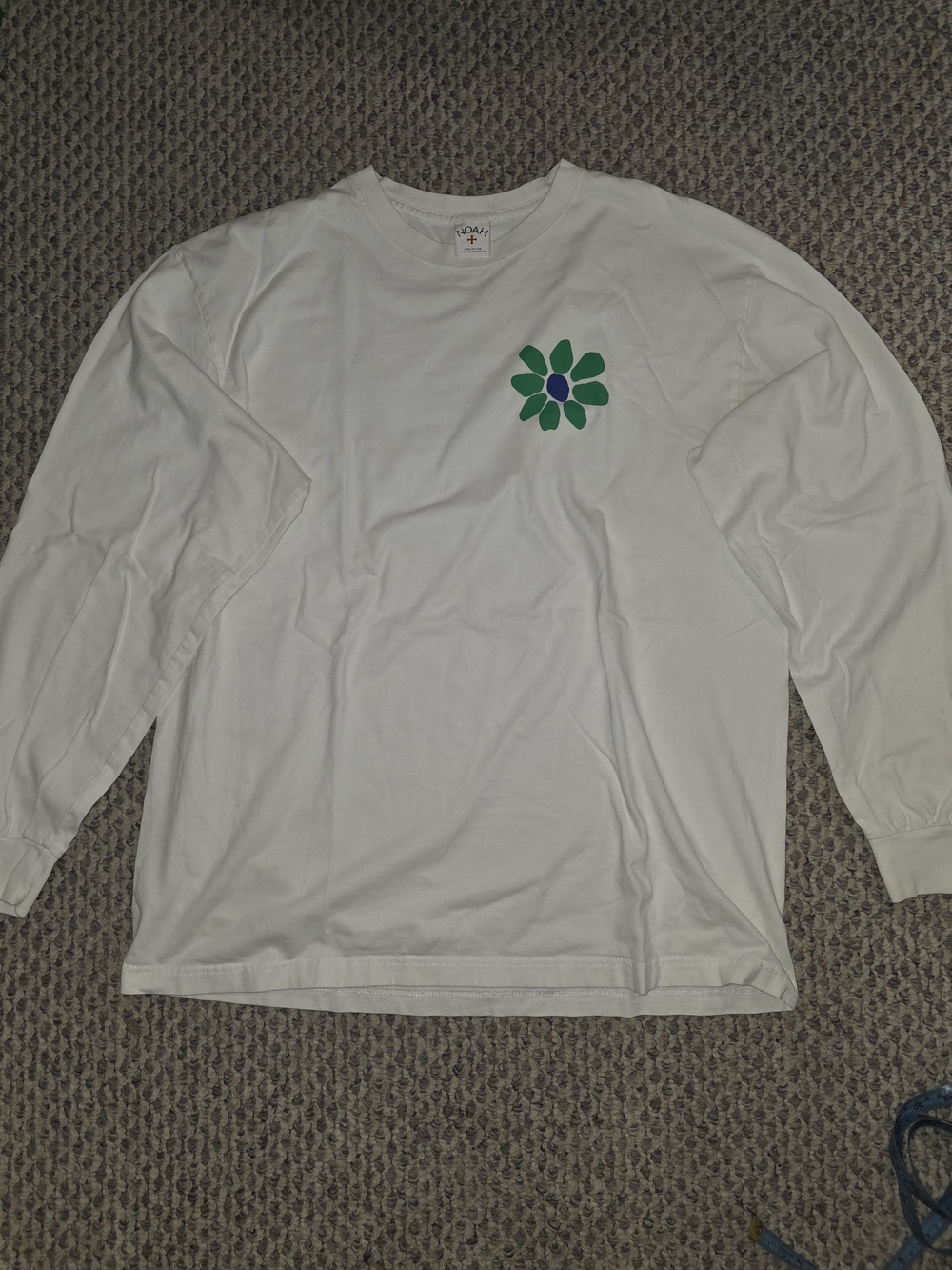Noah NYC White Long-Sleeve Tee with Green & Blue Flower Chest Graphic